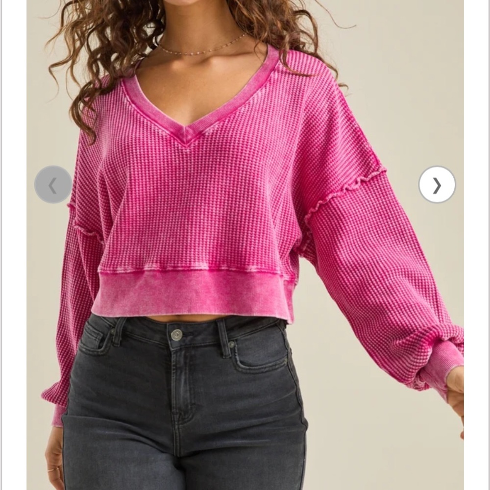 Altar'd State Pink Cropped Balloon Sleeve Sweatshirt